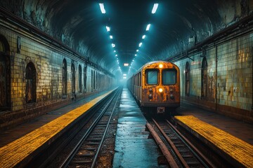 Fototapeta premium Forgotten underground train station with rusty tracks