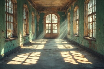 Fototapeta premium Haunted corridor with broken windows in an old abandoned house