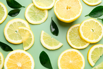 Slices of fresh lemons and leaves on pale green background, flat lay