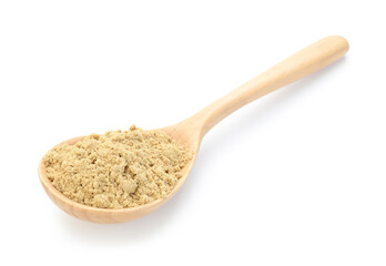 Dry ginger powder in wooden spoon isolated on white