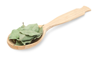 Aromatic bay leaves in wooden spoon isolated on white