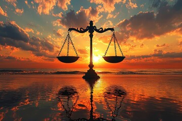 Stunning Sunset Silhouette of Justice Scales Reflecting on Ocean Waves with Dramatic Cloudscape