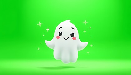Obraz premium Adorable Cartoon Ghost with Rosy Cheeks and Star Accents Floating isolated on green screen background Ideal for Vfx and Animation Elements and Game Development
