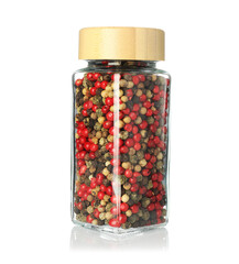 Mix of peppercorns in spice jar isolated on white