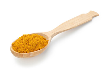 Turmeric powder in spoon isolated on white. Aromatic spice