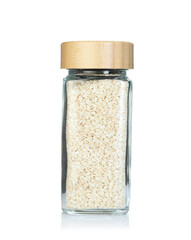 Sesame seeds in spice jar isolated on white