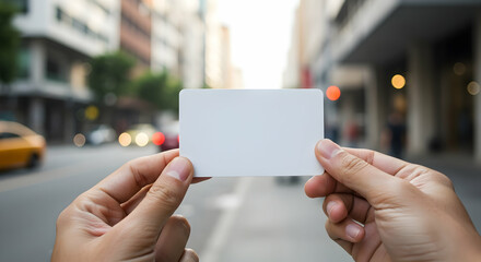 Blank white card mockup in hands city background design template