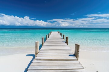 Pristine wooden pier leading to turquoise ocean