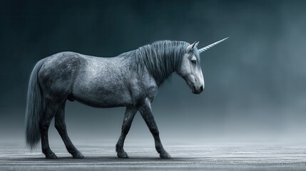 Grey unicorn in mist