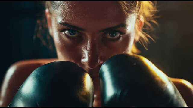 Sweaty determined female athlete with piercing eyes and raised black boxing gloves preparing to strike in dimly lit gym. Concept of strength, focus and female empowerment in sport