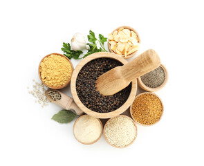 Different aromatic spices isolated on white, top view