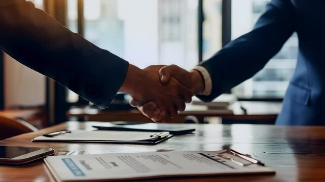 Two business man in a fancy office in suits shaking hands over the corner of the desk where a contract lies on the desk,  Generative AI Videos.