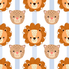 Seamless pattern cartoon safari African animal heads. Lion and cheetah. Vector illustration.