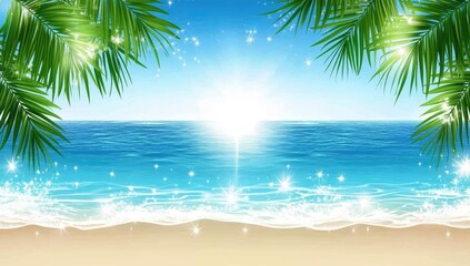 Obraz premium Tropical beach scene, bright sun, ocean waves, palm fronds