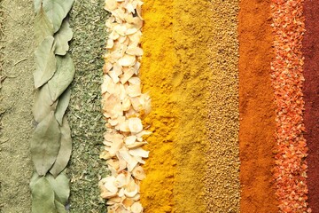 Many different spices as background, top view