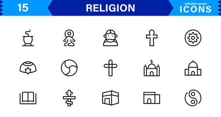 Fototapeta premium Modern Religion Icons Set. Vector Line Art Symbols for Faith, Belief, and Cultural Projects