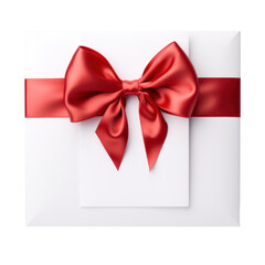 Gift of Elegance: A pristine white envelope is beautifully adorned with a vibrant red satin ribbon and bow, creating an atmosphere of anticipation and celebration.
