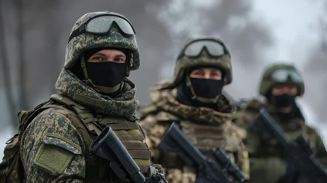 Armed Soldiers in Camouflage Patrol Rural Terrain - Military Training Exercise, Security Forces, Protection.