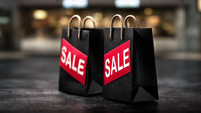 Two black shopping bags with bold red sale labels placed on dark surface with blurred store interior lights in background. Concept of retail discount and seasonal promotion