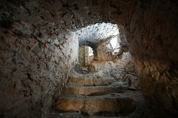 Obraz premium Underground tunnels of Stari grad Bar (Old Town of Bar), an ancient walled city overlooking the Adriatic Sea in Montenegro