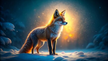 Majestic Red Fox in Winter Wonderland, Illuminated by Golden Hour Light, Amidst Sparkling Snowdrifts and a Serene Forest