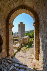 Clock tower of Stari grad Bar (Old Town of Bar), the ruins of an ancient walled city at the foot of Mount Rumija in Montenegro
