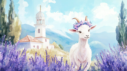 Cute goat with flower crown beside a small domed mosque and swaying lavender plants, dreamy watercolor style