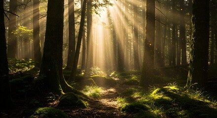 Fototapeta premium Sunlit forest scene depicting tall trees and beams of light with a lush environment