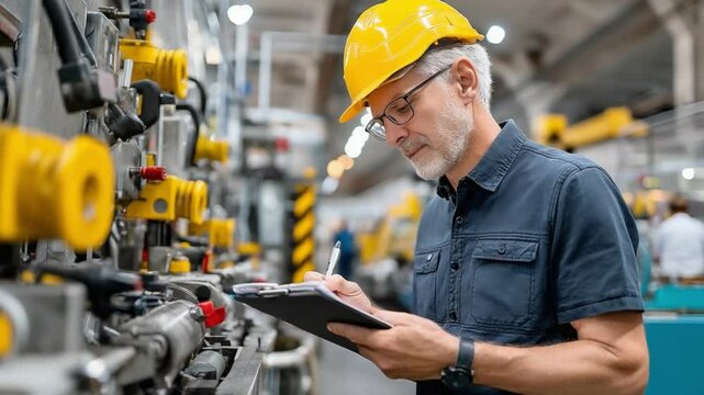 Factory Inspection: A focused engineer, wearing a safety helmet, meticulously documents the intricate machinery within a modern industrial setting.
