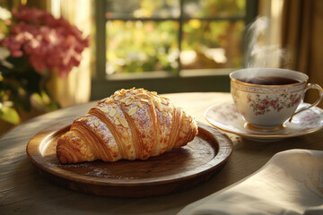 Delicious almond croissant served with hot beverage in a cozy setting