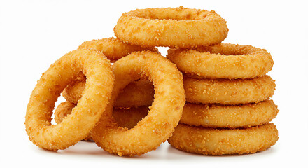 Golden crispy onion rings with crunchy texture, isolated on white background, perfect for fast food menus or snack promotion.