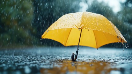 A bright yellow umbrella stands resiliently in the pouring rain, symbolizing hope and warmth against the cold backdrop, evoking feelings of comfort and optimism amidst adversity.