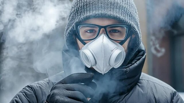 Person wearing a mask in cold weather, exhaling vapor while standing outdoors in a snowy environment