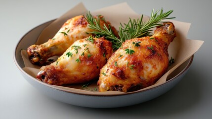 A mouth-watering presentation of roasted chicken drumsticks garnished with fresh herbs illustrates the appeal of home-cooked meals on a stylish plate.