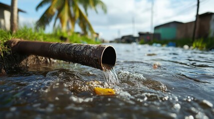 A rusted pipe discharges murky water into a flooded street, highlighting urban pollution and environmental challenges in communities struggling with waste management.