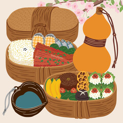  봄날 소풍을 위한 한식 도시락 세트 벡터 일러스트레이션 		