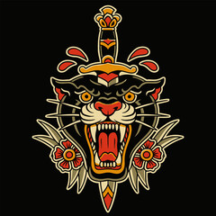 Roaring Panther Head with Dagger Traditional Tattoo Design Illustration