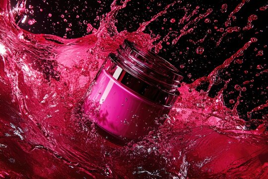 A vibrant pink cosmetic jar, suspended in a flurry of splashing, vibrant red water.  The jar is open, suggesting a product release