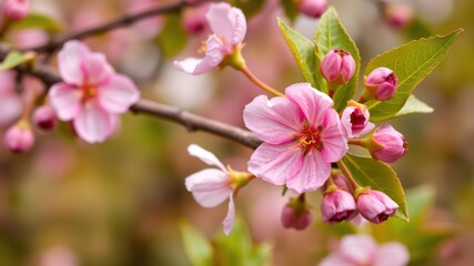 Delicate Pink Blossoms on a Branch in Springtime