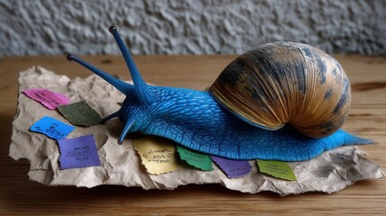 Close-up of a Blue Giant African Land Snail on Crumpled Paper with Colored Tags on Wooden Surface