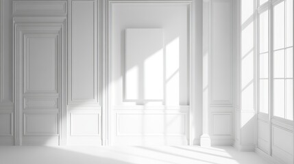 Fototapeta premium Bright white room interior design with elegant paneling and large window sunlight art home clean