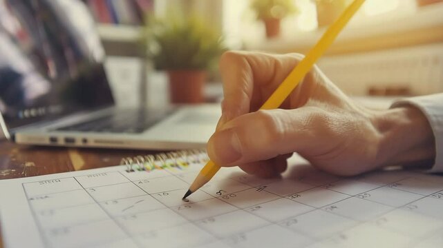 Close up of a man's hand holding a pencil writing on a calendar and using a laptop computer to make a meeting planner plan in the style of a business concept for work, Generative AI Videos.