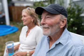Obraz premium An older couple sits contentedly in a serene outdoor setting, embodying the essence of companionship and tranquility in life’s simpler moments amidst nature.