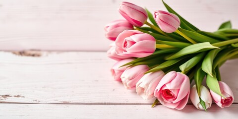 A Delicate Bouquet of Pink Tulips Resting on a Light Wooden Surface
