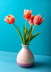 Pink tulips in a vase on blue background