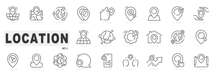 Set of location related line icons. Pointer, marker, pin, direction etc. Editable stroke. Set 2