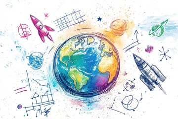 Colorful illustration of Earth surrounded by space elements and scientific doodles