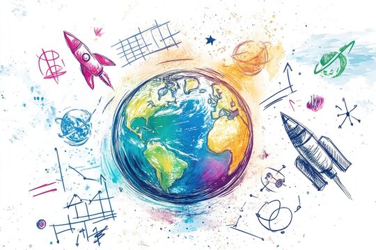 Colorful illustration of Earth surrounded by space elements and scientific doodles