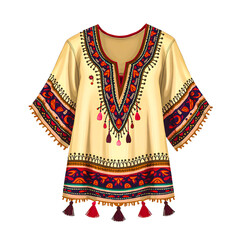 Obraz premium Illustration Bohemian style blouse with beautiful ethnic embroidery, tassel accents, wide sleeves and loose cut for a unique look.
