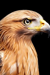 Close-up of a golden eagle's head and neck against a black background, showcasing intricate feather details and intense gaze